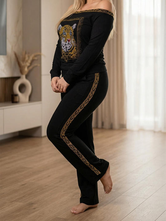 طقم قطن أسود أوف شولدر برسمة الفهد - ستراس كريستال حراري
