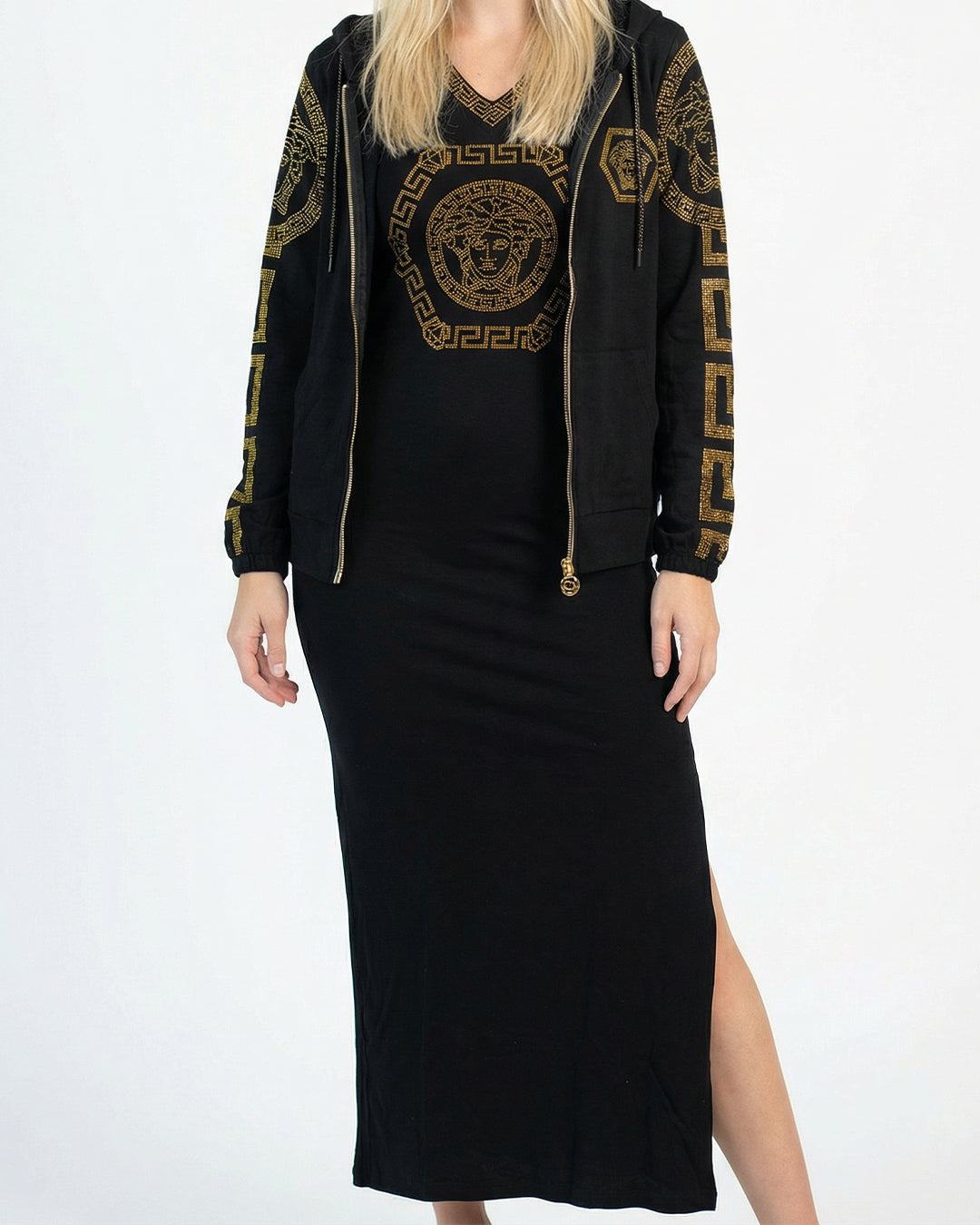 طقم فستان توينز اسود قطعتين – فستان قطن وجاكيت باحجار حرارية