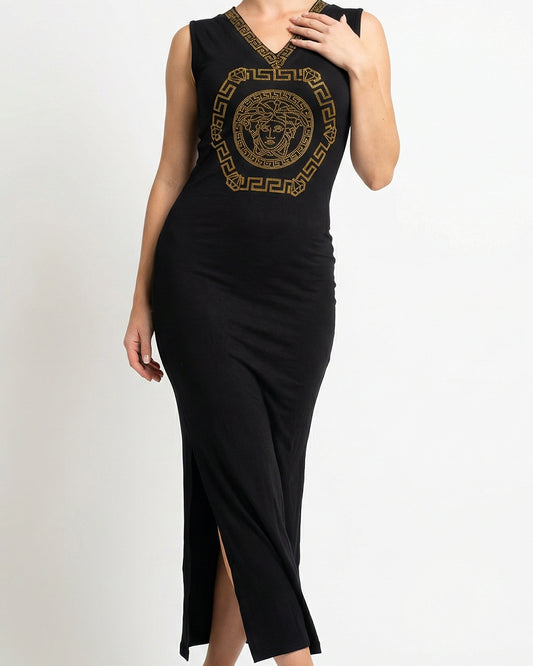 طقم فستان توينز اسود قطعتين – فستان قطن وجاكيت باحجار حرارية