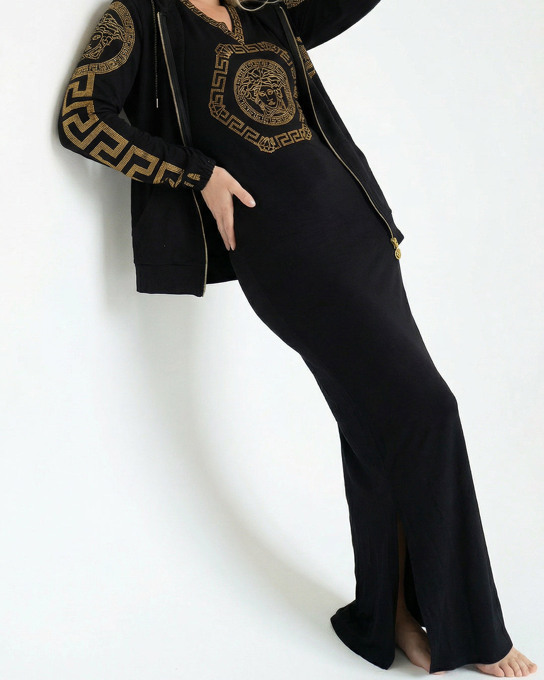 طقم فستان توينز اسود قطعتين – فستان قطن وجاكيت باحجار حرارية