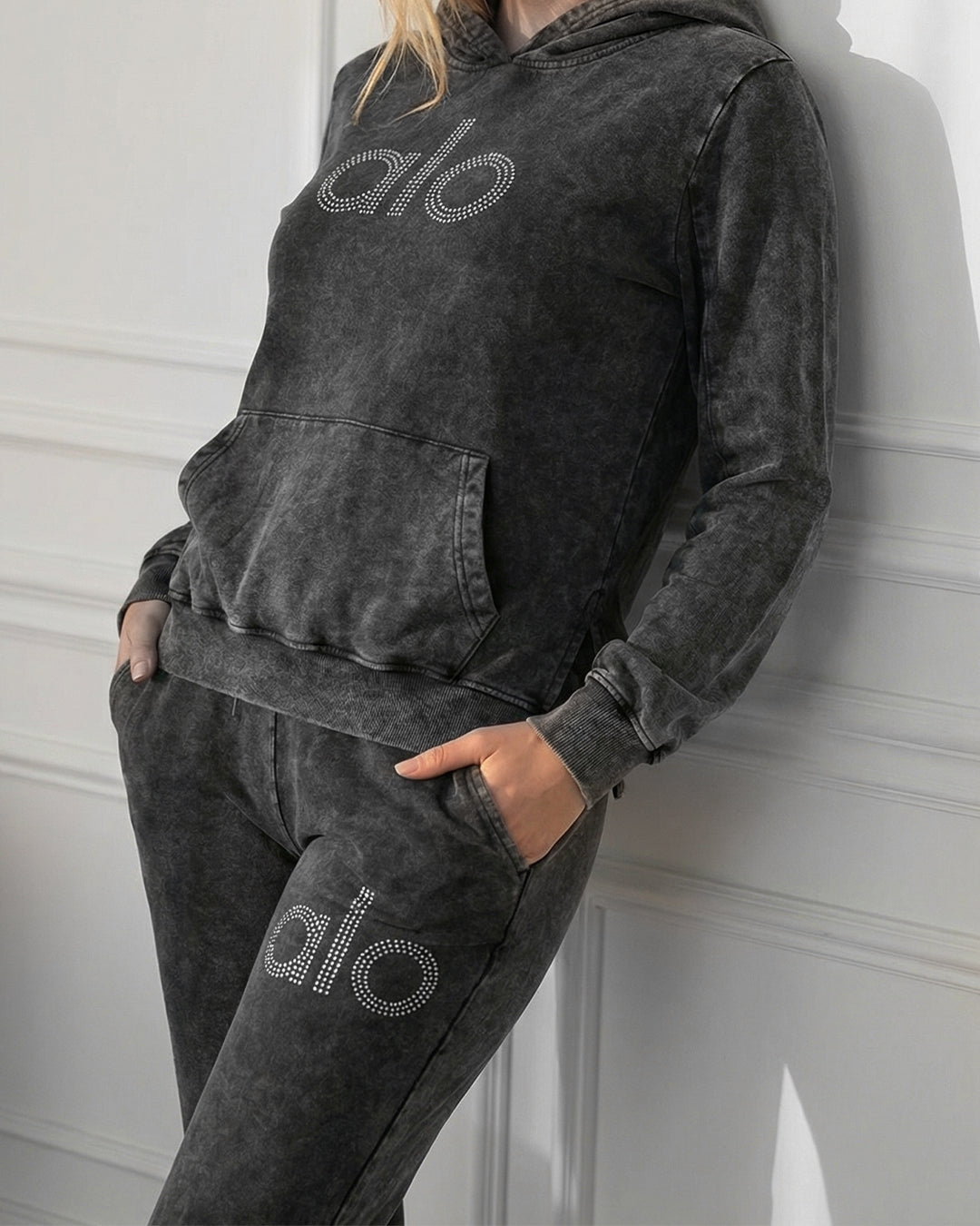 طقم هودي وبنطلون قطني "فنتج" - رمادي فحمي شتوي ترينج خروج