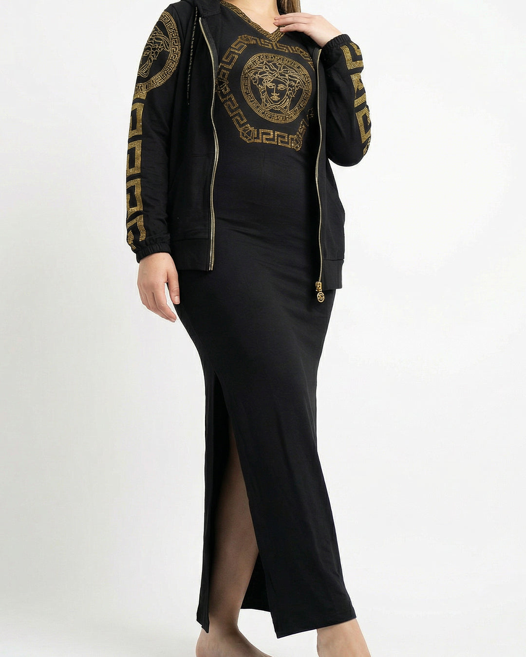 طقم فستان توينز اسود قطعتين – فستان قطن وجاكيت باحجار حرارية