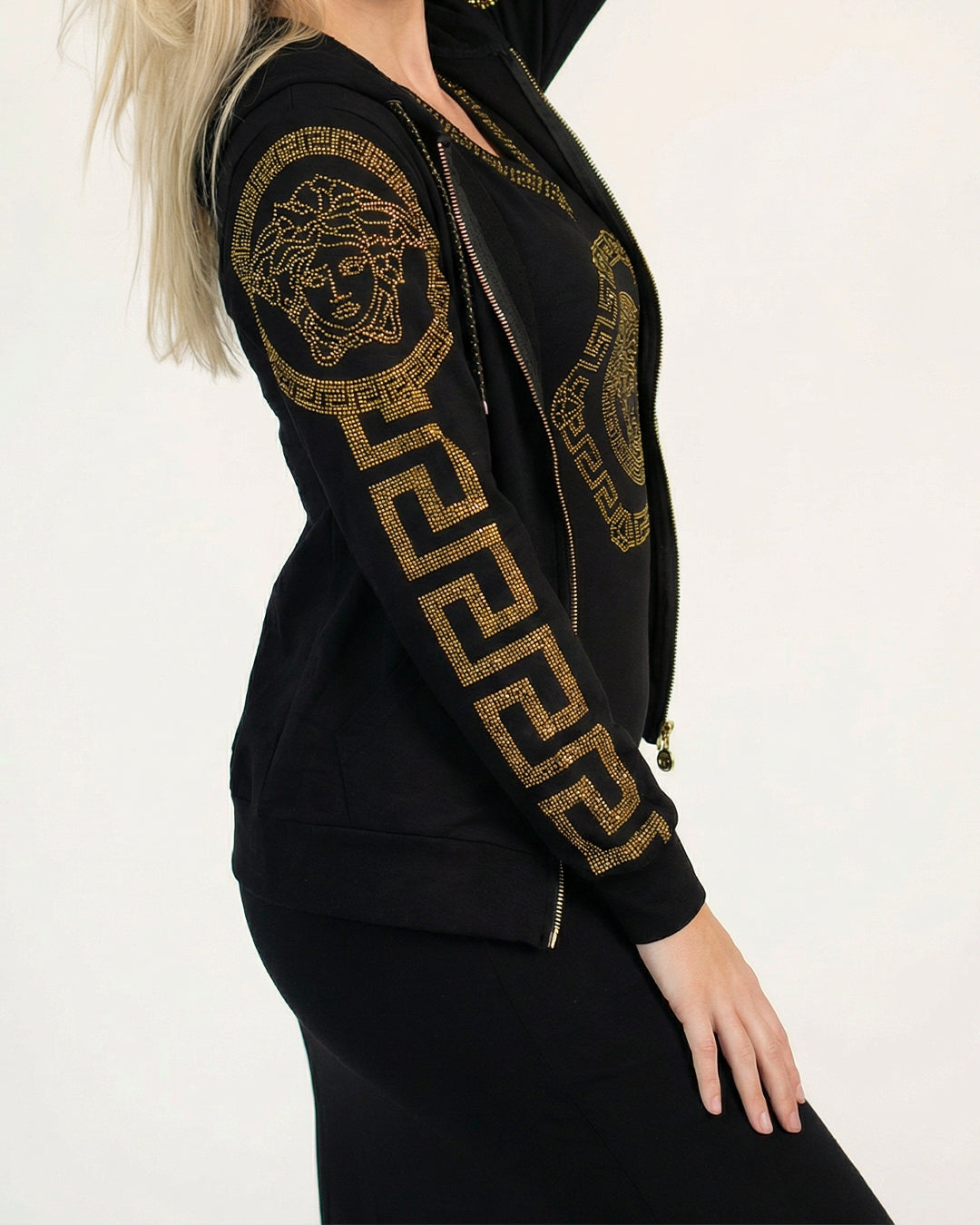 طقم فستان توينز اسود قطعتين – فستان قطن وجاكيت باحجار حرارية