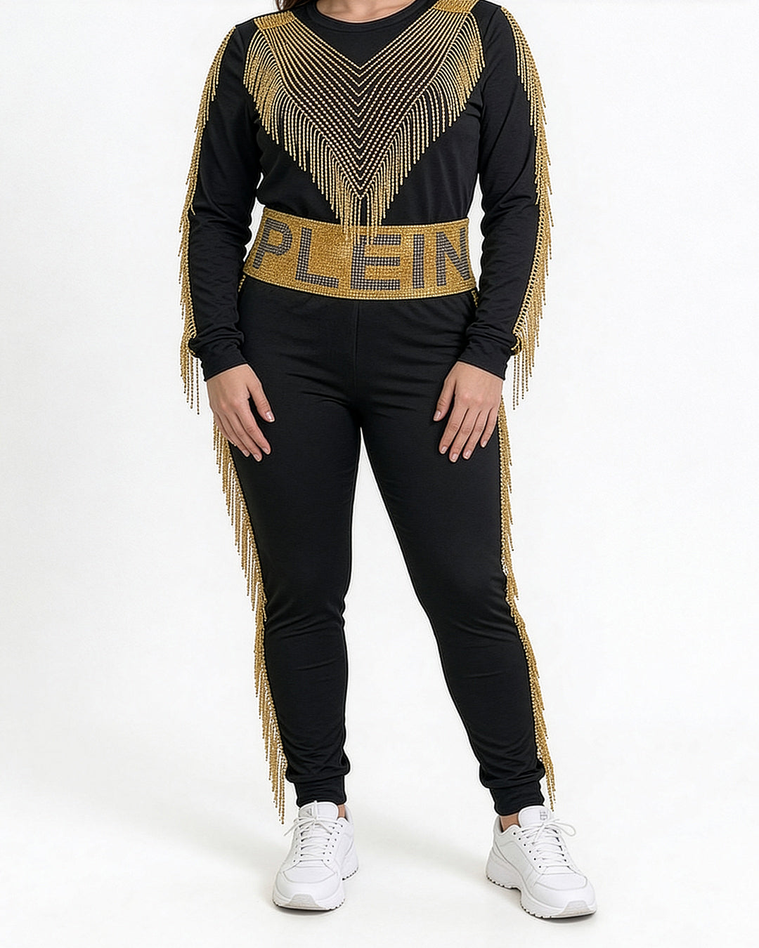 طقم بيجاما قطن – أسود بسلاسل منسدلة وحزام كريستالي عريض