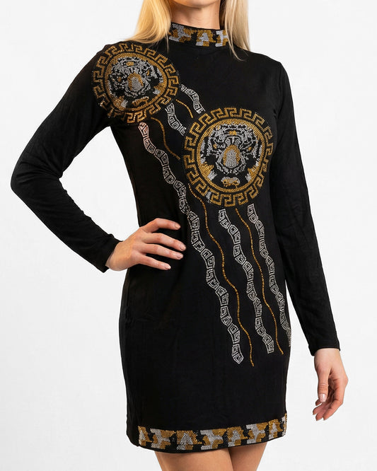 فستان استقبال قصير – أسود قطني بنقوش الميدالية الملكية والنمط اليوناني بستراس كريستال حراري