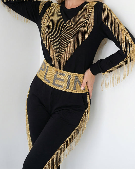 طقم بيجاما قطن – أسود بسلاسل منسدلة وحزام كريستالي عريض