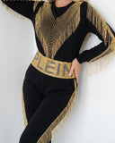 طقم بيجاما قطن – أسود بسلاسل منسدلة وحزام كريستالي عريض