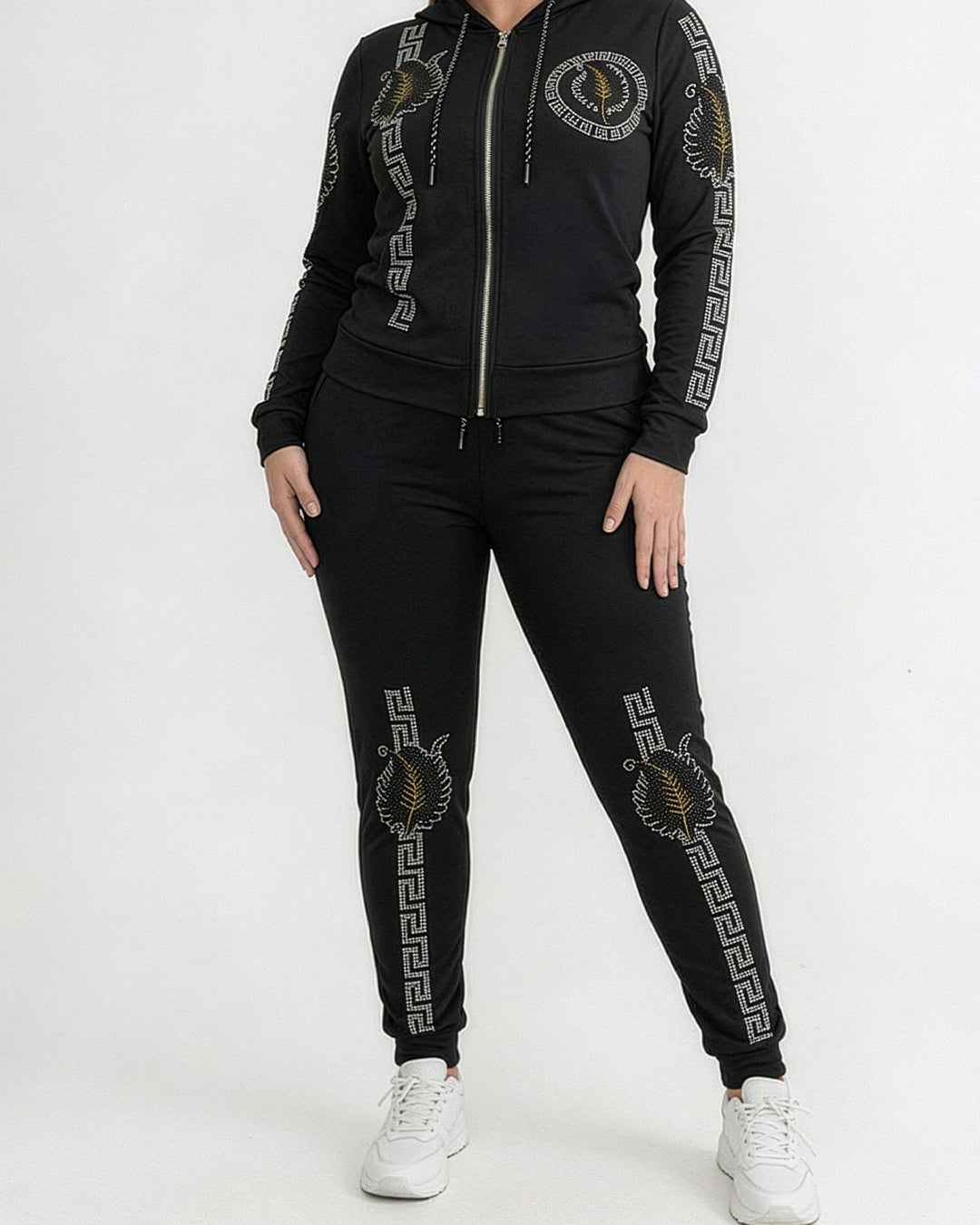 طقم "أثينا" الكلاسيكي – أسود قطني بنقشة المفتاح الإغريقي الكريستالية